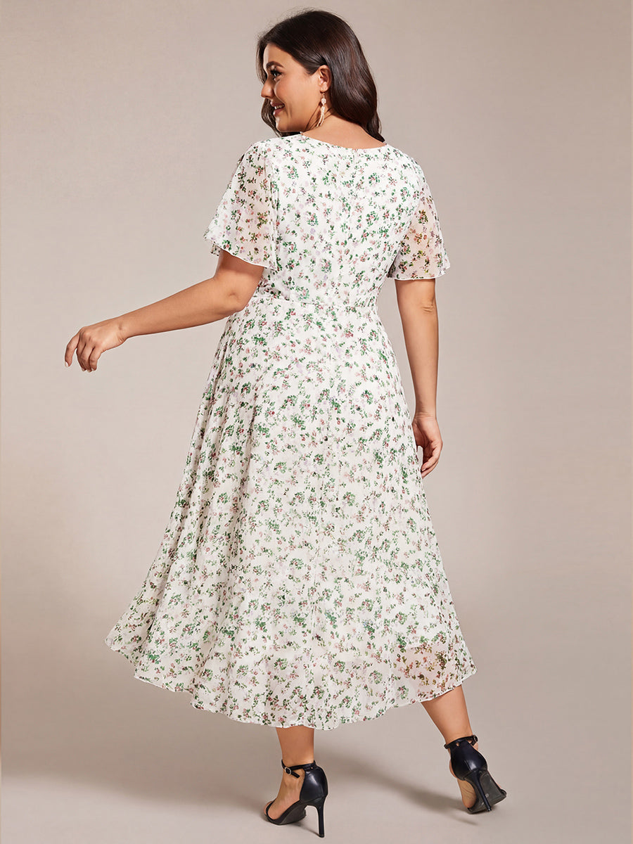 pretty LARK|Plus Size Chiffon Short Sleeves Pleated V-Neck A-Line Midi Wedding Guest Dress