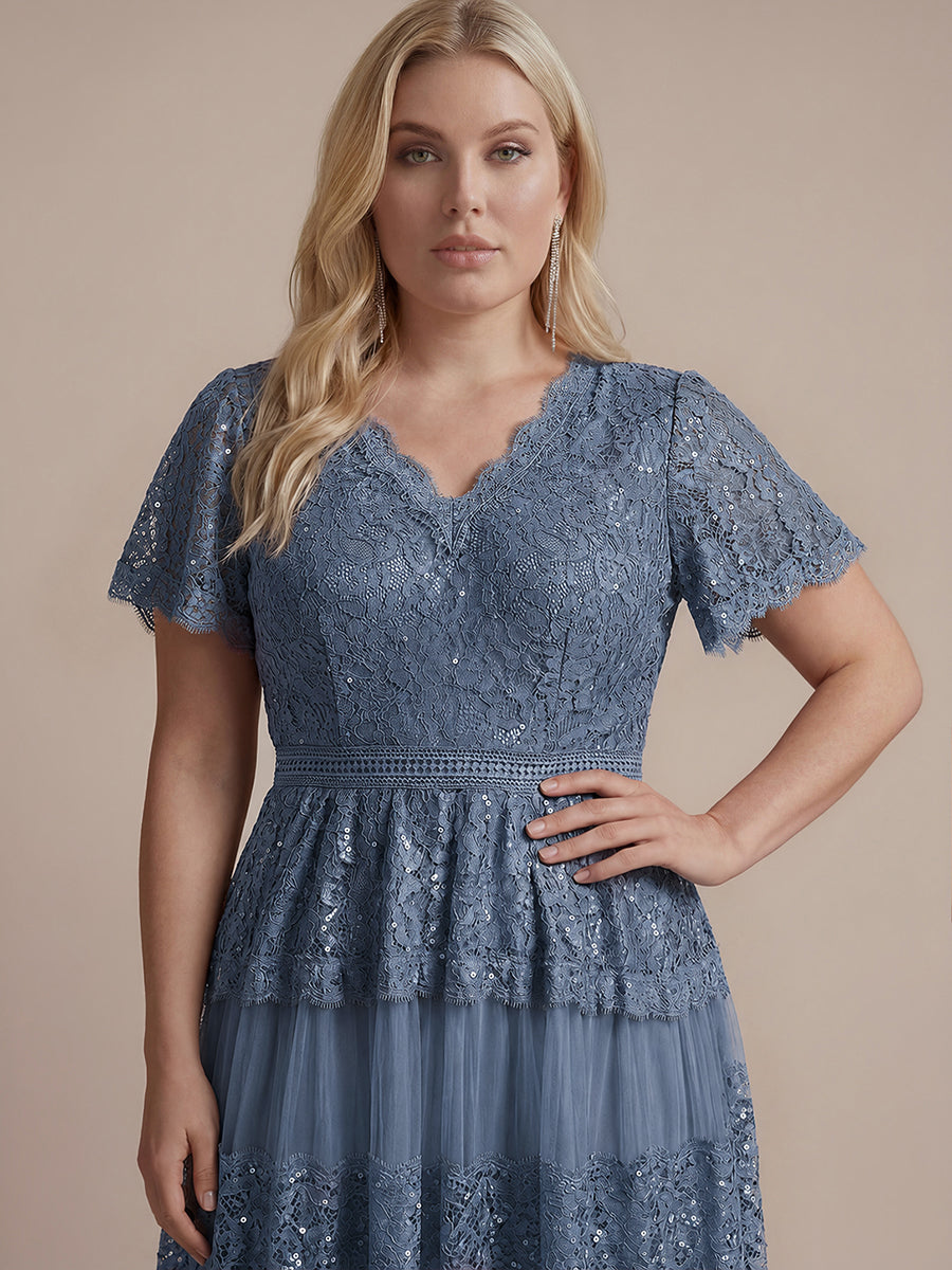 Plus Size Tiered Tulle Lace Wedding Guest Dress