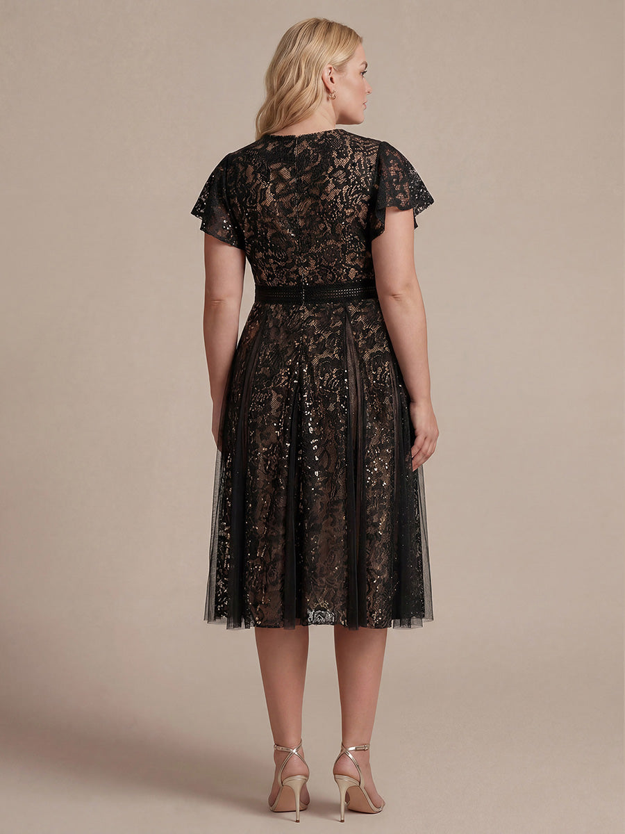 Plus Size Lace Ruffle Sleeve Wedding Guest Dress