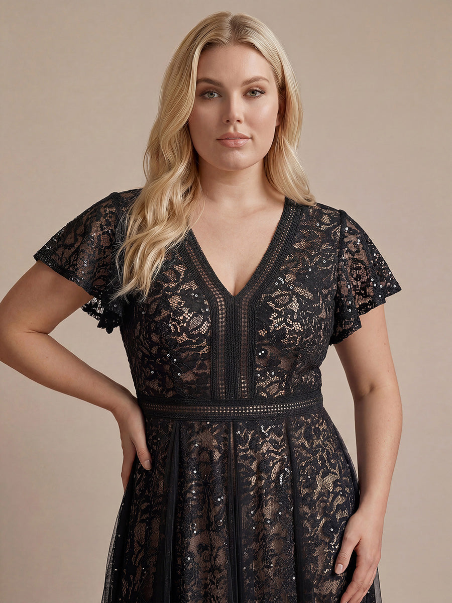 Plus Size Lace Ruffle Sleeve Wedding Guest Dress