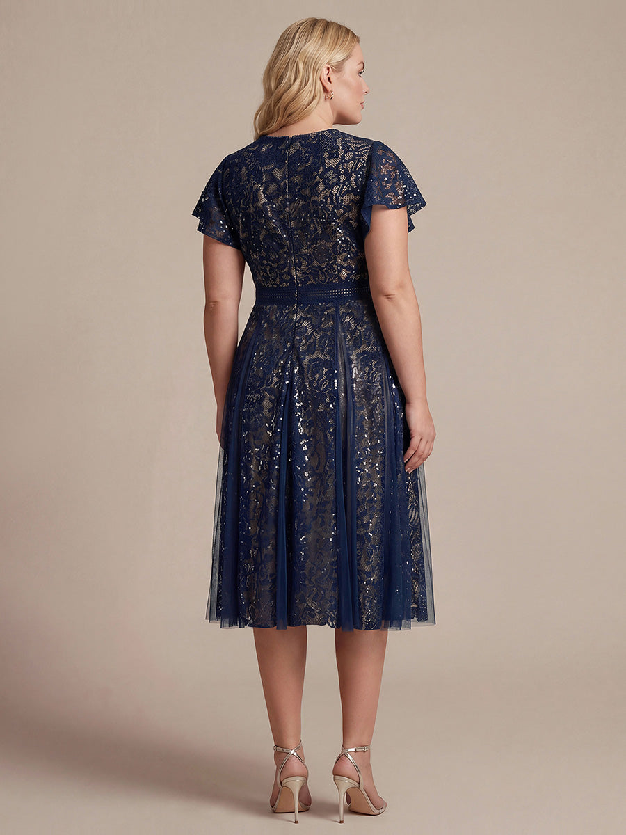 Plus Size Lace Ruffle Sleeve Wedding Guest Dress