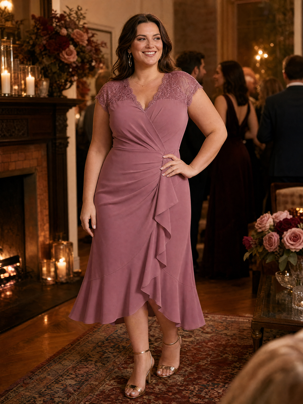 Plus Size Lace Cap Sleeve Wedding Guest Dress