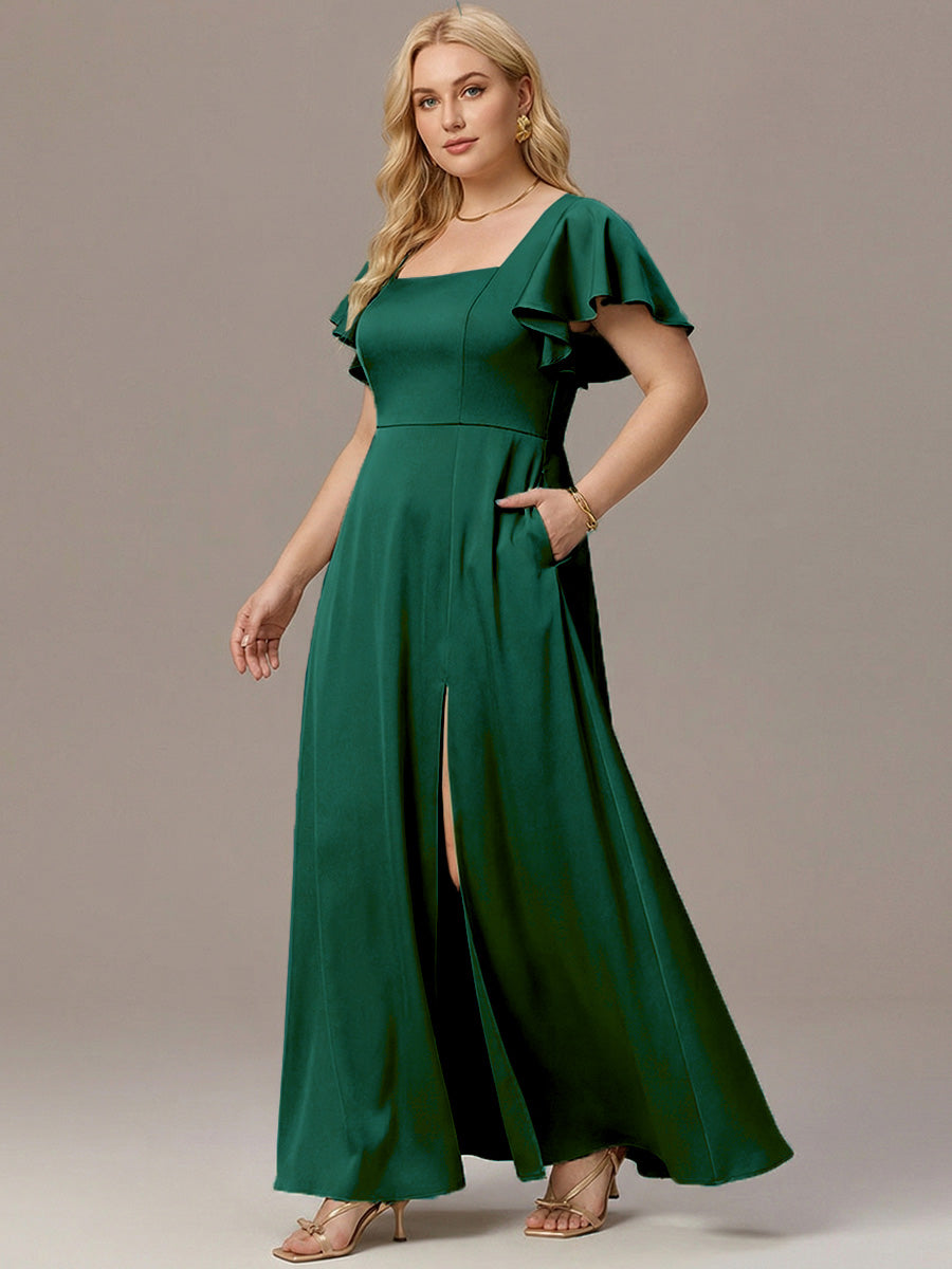 ever LIORIE|Plus Size Square Neck Flutter Sleeve Maxi Bridesmaid Dress with Pockets