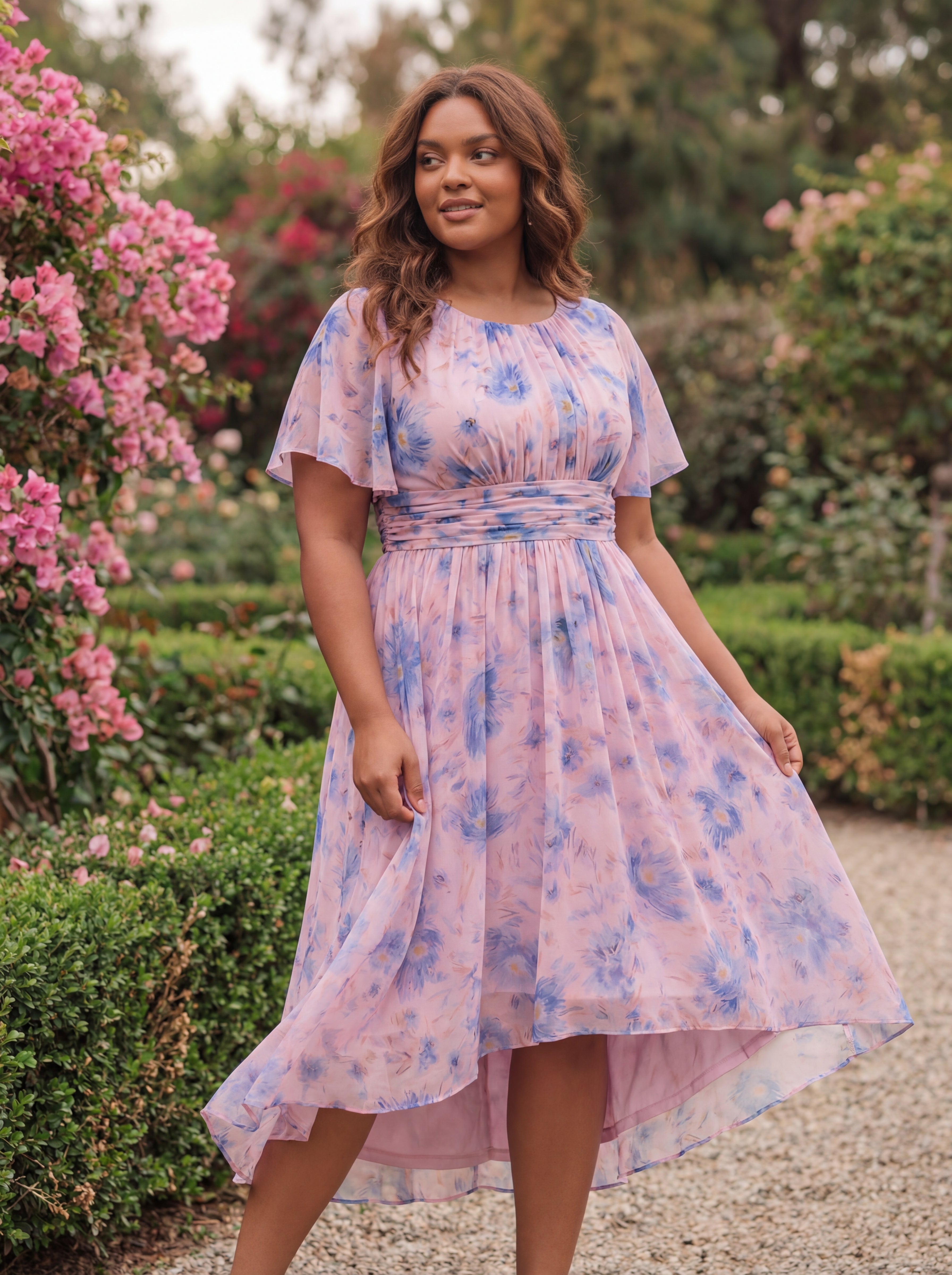 pretty EDEN|Plus Size Pleated Round Neckline A-Line Midi Chiffon Wedding Guest Dress