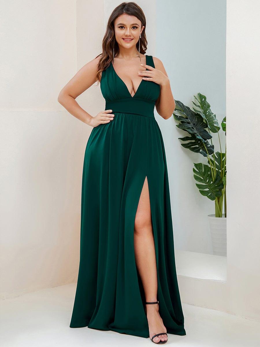 pretty SORAYA|Plus Size Sleeveless V-Neck Empire Waist High Slit Floor-Length Evening Dress
