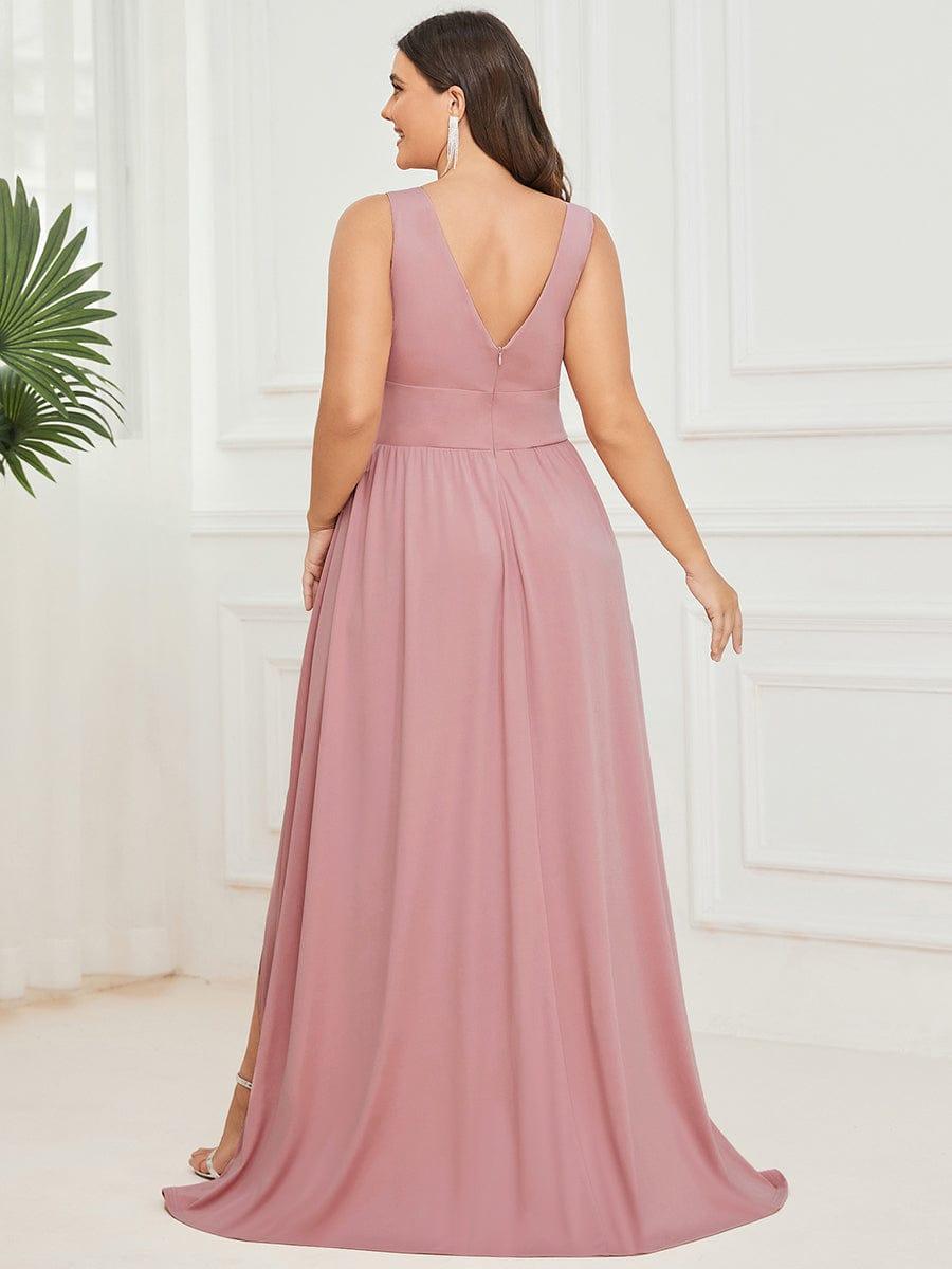 pretty SORAYA|Plus Size Sleeveless V-Neck Empire Waist High Slit Floor-Length Evening Dress