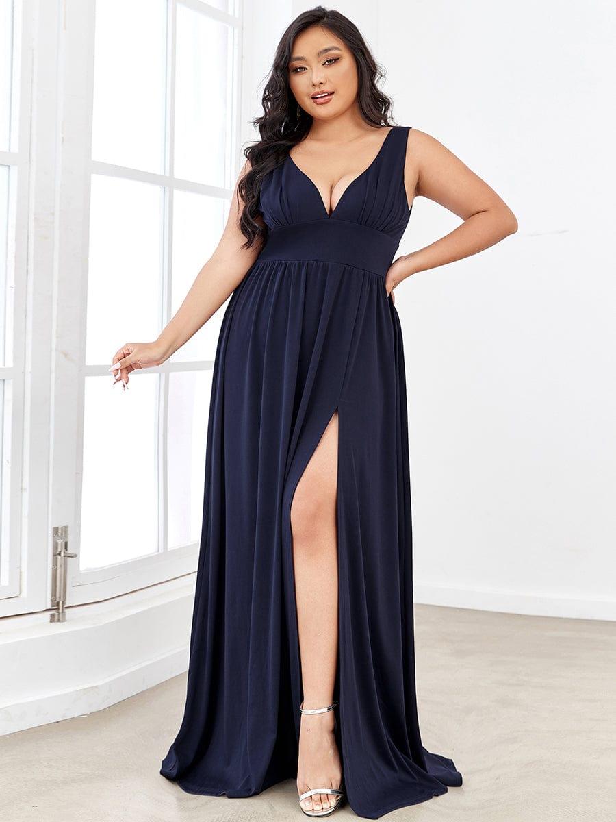 pretty SORAYA|Plus Size Sleeveless V-Neck Empire Waist High Slit Floor-Length Evening Dress