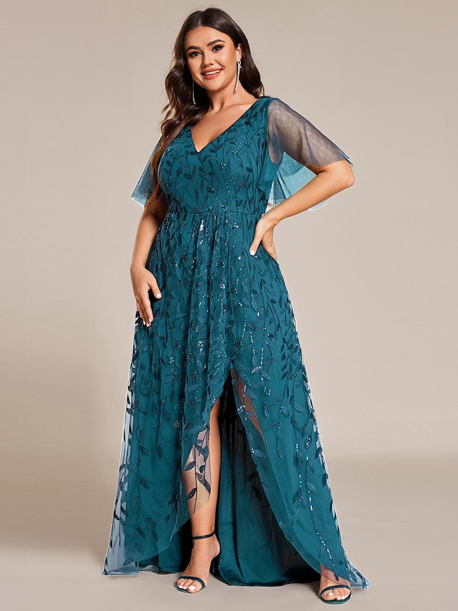 pretty ALIX|Plus Size Short Sleeves Sequin High Low V-Neck Midi Formal Evening Dress