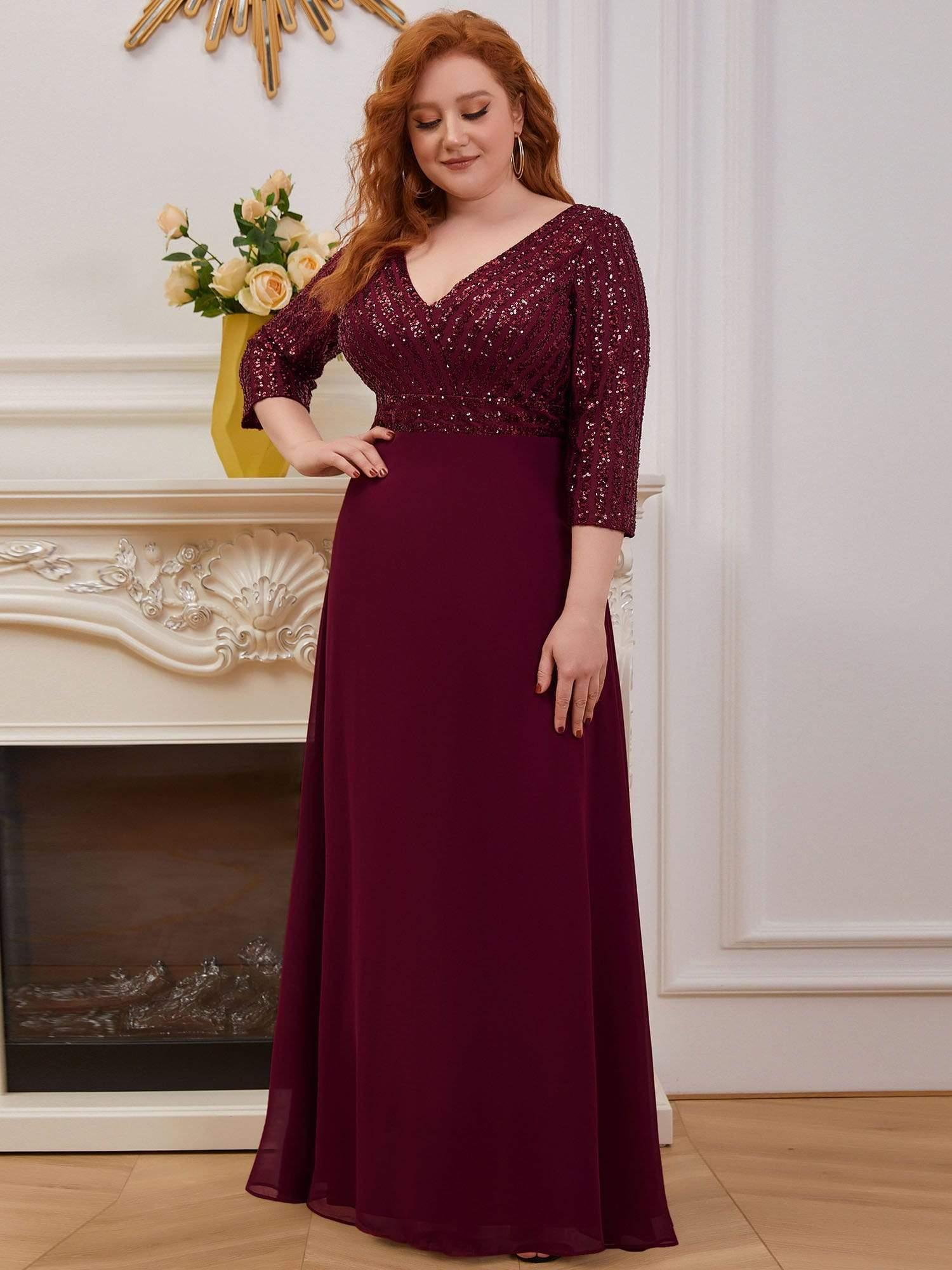 pretty LUENA|Plus Size V Neck A-Line Sequin Formal Evening Dress with Sleeve