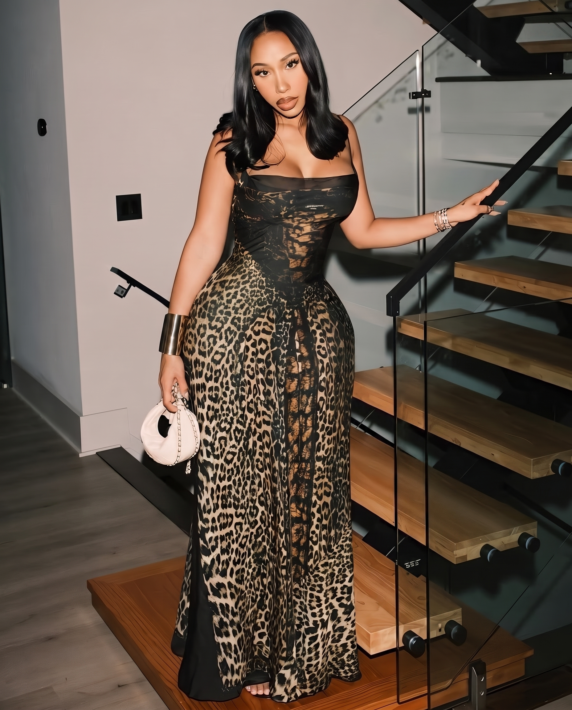 CAITLYN Leopard Print Lace-up Waist Maxi Dress