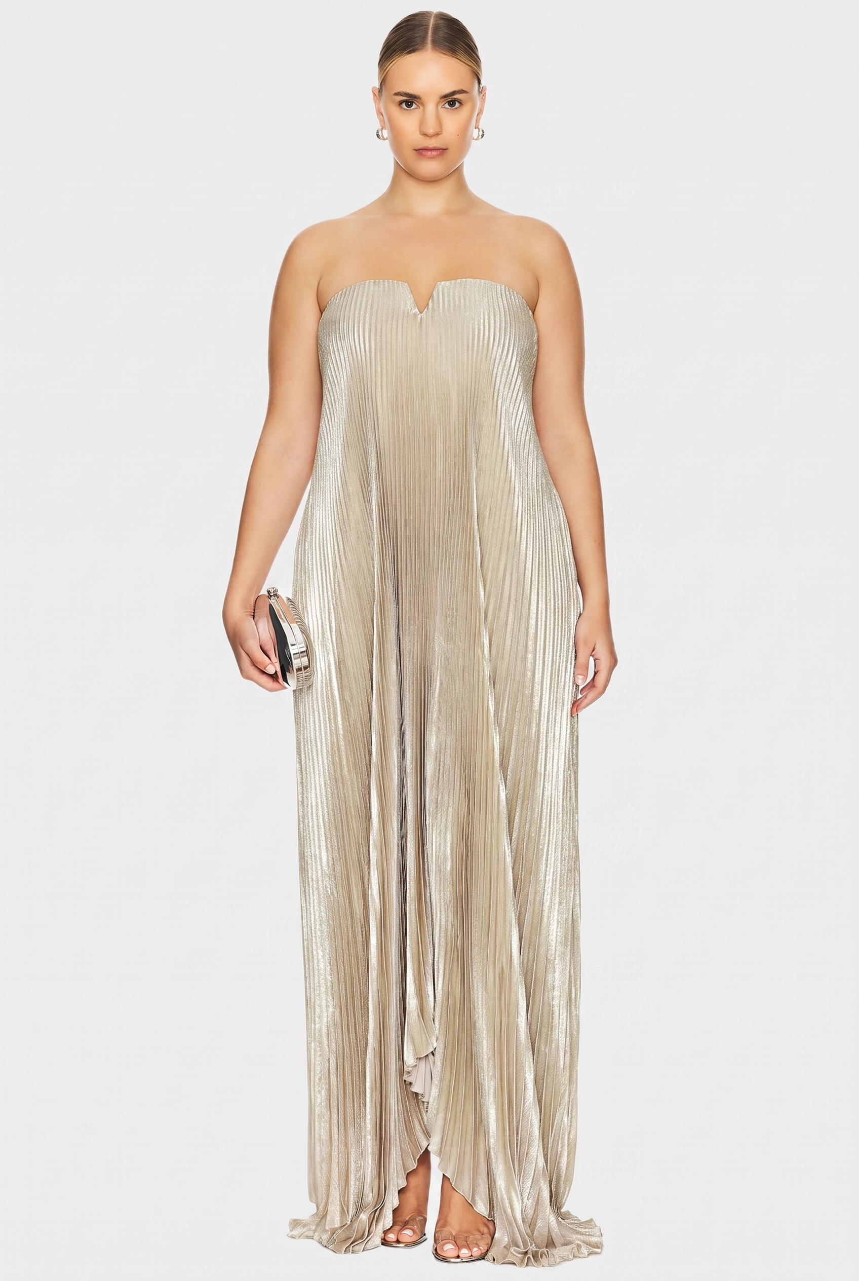 Duttini | Metallic Pleated Strapless Gown
