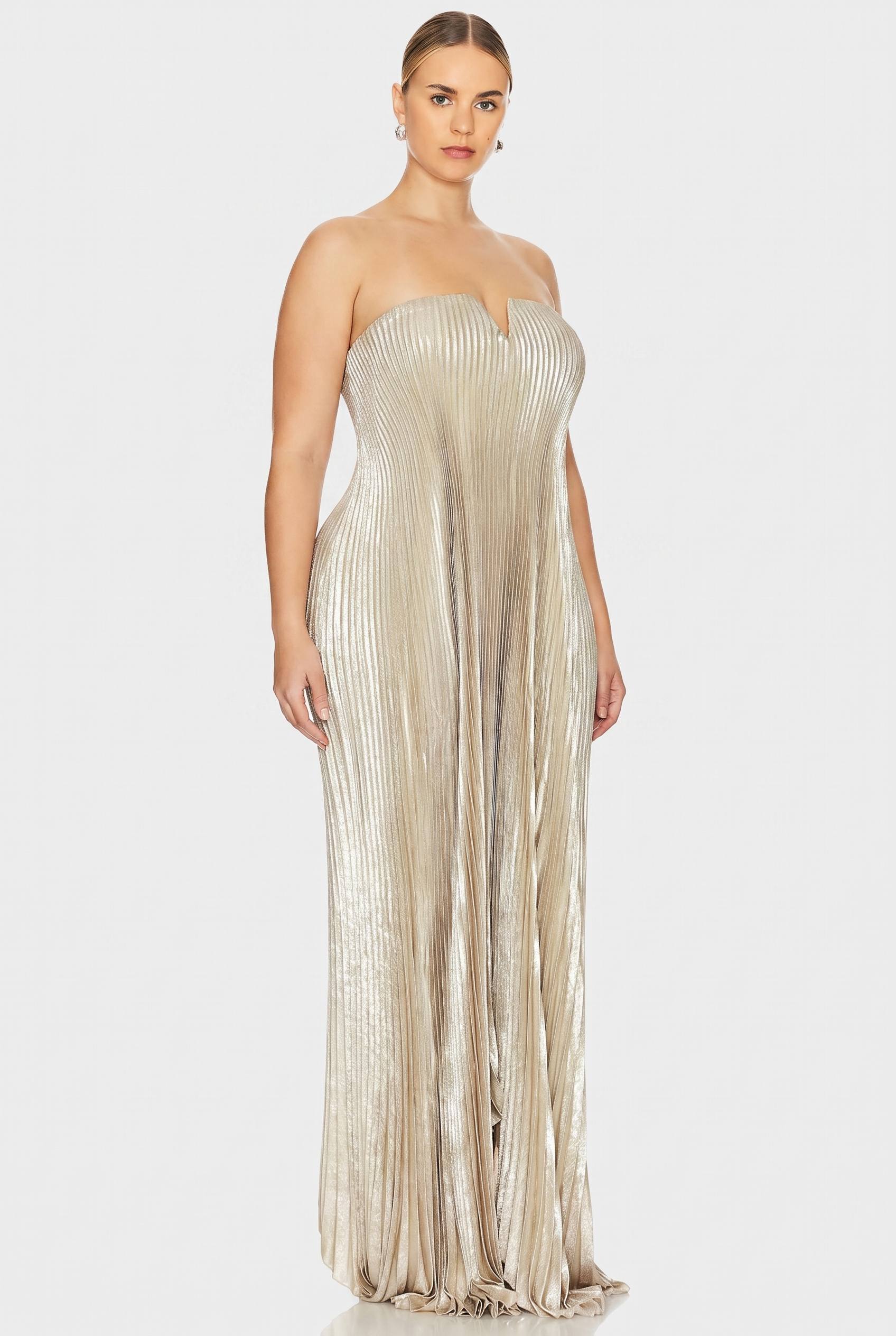 Duttini | Metallic Pleated Strapless Gown