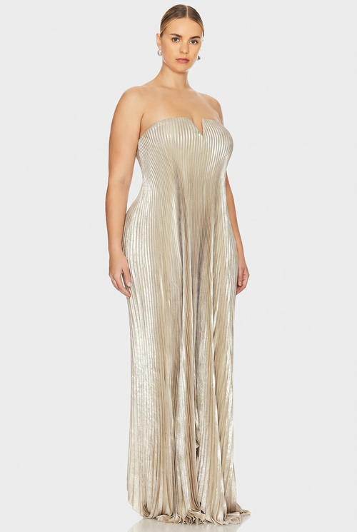 Duttini | Metallic Pleated Strapless Gown
