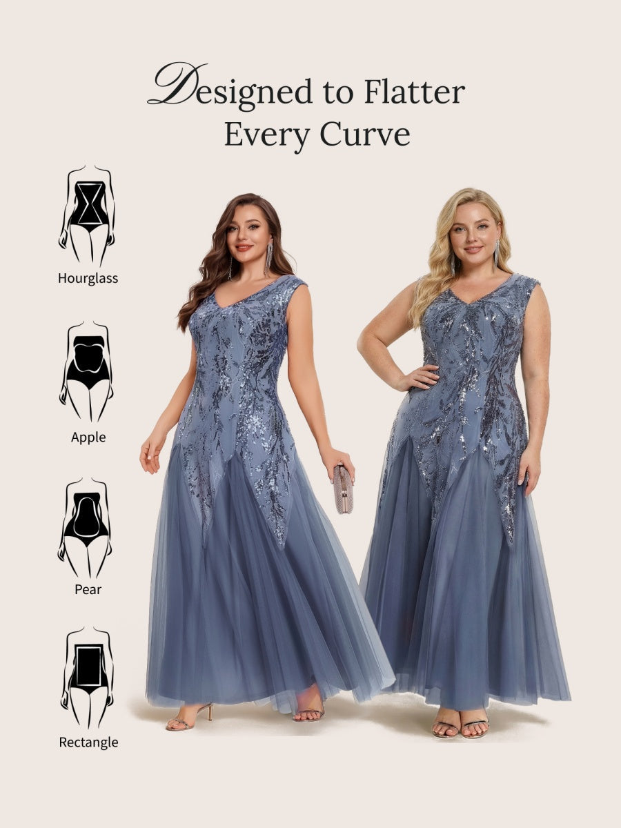 pretty FREYA|Plus Size V-Neck Sequin High Stretch Cap Sleeve Tulle Formal Dress