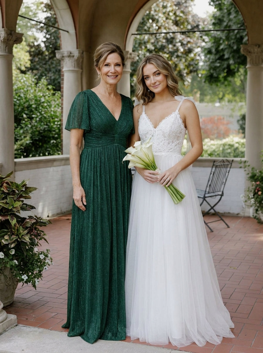 pretty DAPHNE|Plus Size V-Neck Glittery Short Sleeves Formal Evening Dress with Empire Waist